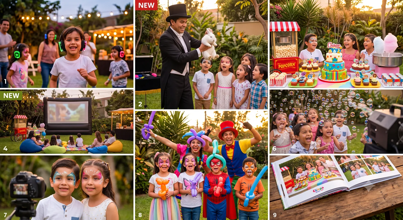 Collage con todos los servicios de Chispa Fiesta Ya en Lima